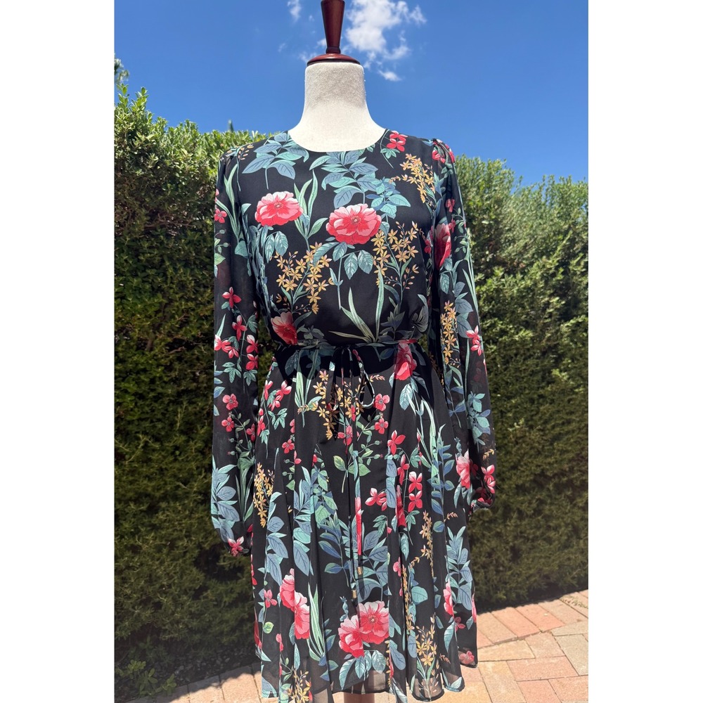 Tommy Hilfiger Floral Long Sleeve Chiffon Midi Dress Black Botanical Print S